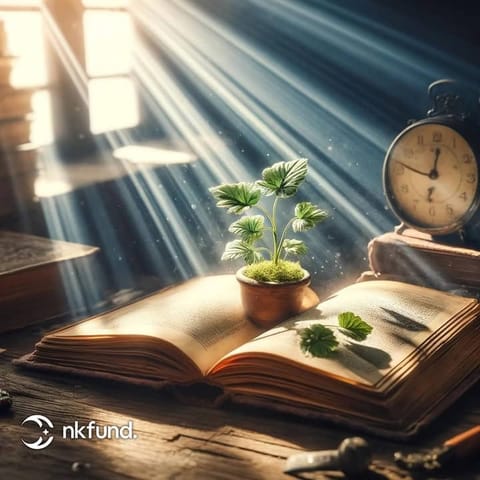 ძველ ხის მაგიდაზე გადაშლილი წიგნი, რომელზეც პატარა ქოთნის მცენარე დგას; ფანჯრიდან მზის სხივები შემოდის, მარჯვნივ ძველებური საათია, ქვემოთ მარცხნივ nkfund.-ის ლოგო