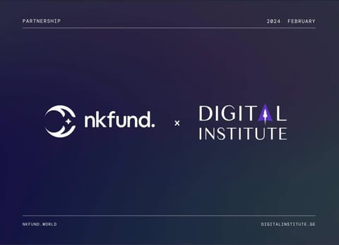 ბარათი „nkfund. × Digital Institute“: ორი ორგანიზაციის ლოგო მუქ ლურჯ-იისფერ ფონზე და წარწერა „Partnership, 2024 February“
